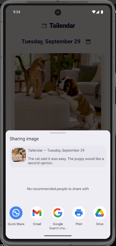 Android share menu showing the selected Tailendar image, September 29 date, caption, and sharing apps