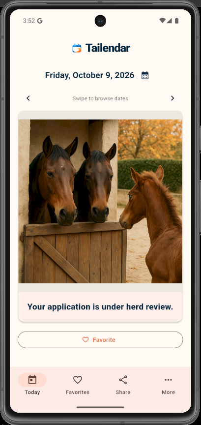 Actual October 9 Horses calendar screenshot showing three horses at a stable