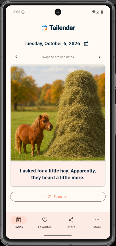 Tailendar Horses 2027 Android calendar screenshot showing an October 6 pony beside a haystack and the daily caption