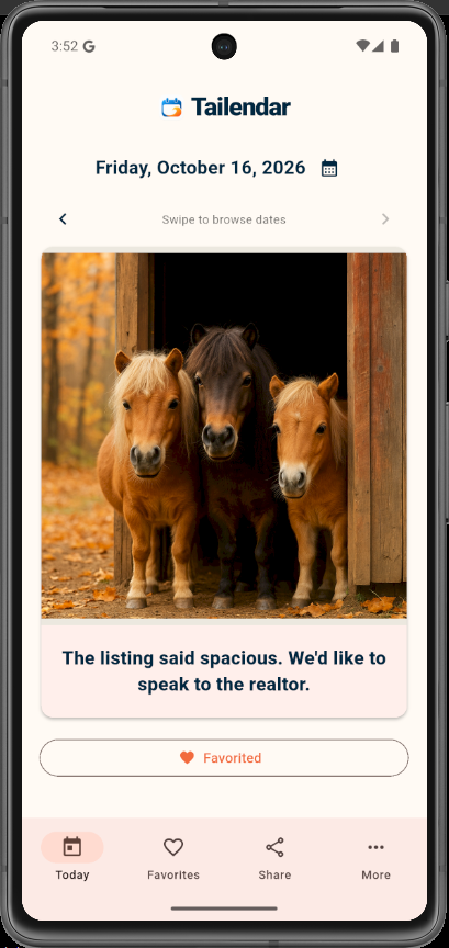 Actual October 16 Horses calendar screenshot showing three horses in a barn doorway