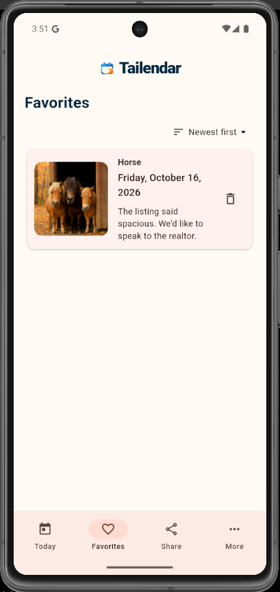 Actual Tailendar Horses Favorites screen