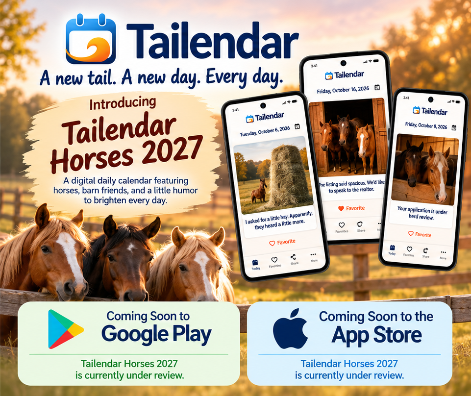 Tailendar Horses 2027 promotional poster with three app previews and coming soon status